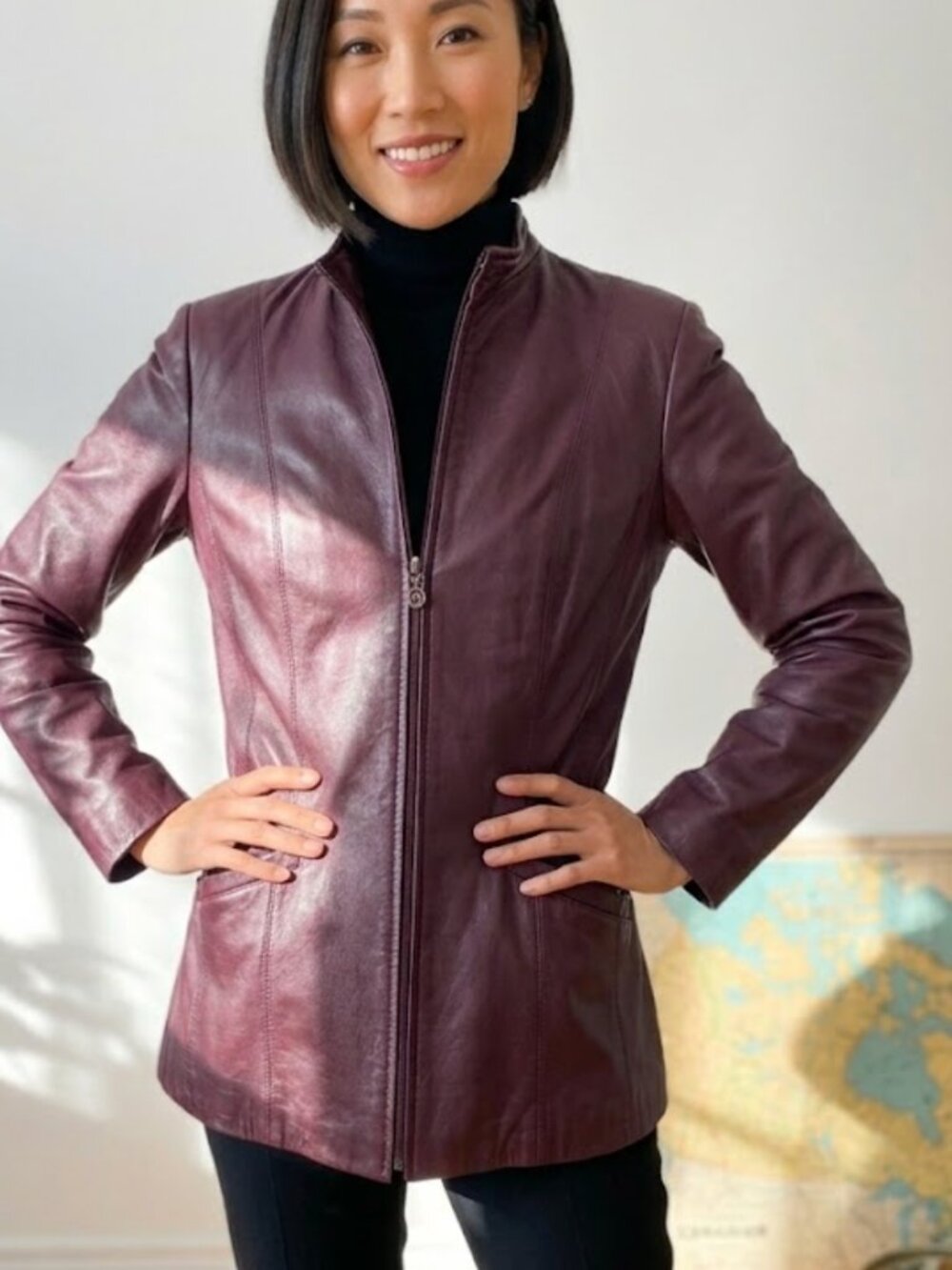 Vintage Danier Canadian Italian Leather Jacket Zip Front Plum Burgundy Coat L